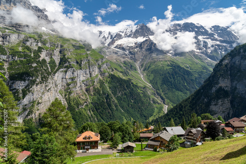 Stunning mountain landscape of Lauterbrunnen valley, Switzerland. Hiking trail from Murren to Gimmelwald village