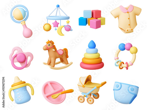 Baby care 3d elements. Stroller toys crockery and hygiene. Newborn tools realistic render isolated clothes and pacifier, pithy vector collection