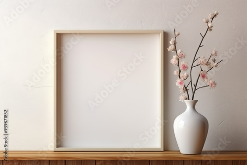 generated illustration of picture frame with a white vase with pink flowers