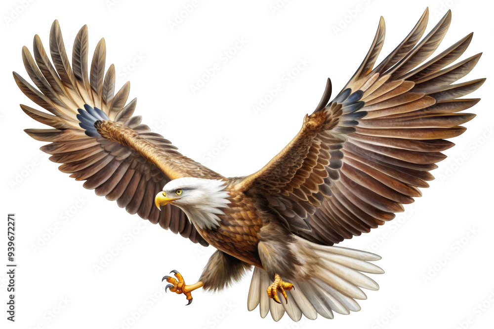 Fototapeta premium A powerful bald eagle with its wings spread wide, soaring through the sky. This image symbolizes freedom, strength, and the beauty of nature.