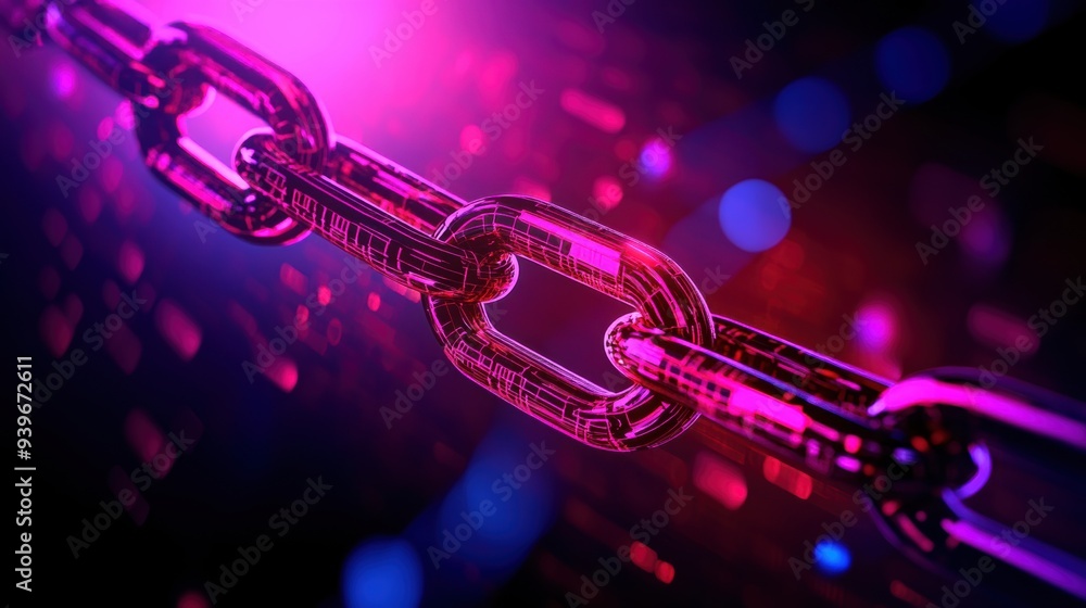 Fototapeta premium Close-up of a metal chain link illuminated with vibrant pink and purple lights, creating a futuristic and dynamic visual effect.