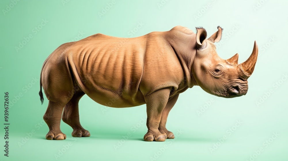 Fototapeta premium Powerful Stance of the Javan Rhino, Minimalist Green Setting Enhances Visual Impact, Use in Eco-Tourism Promotion and Wildlife Protection
