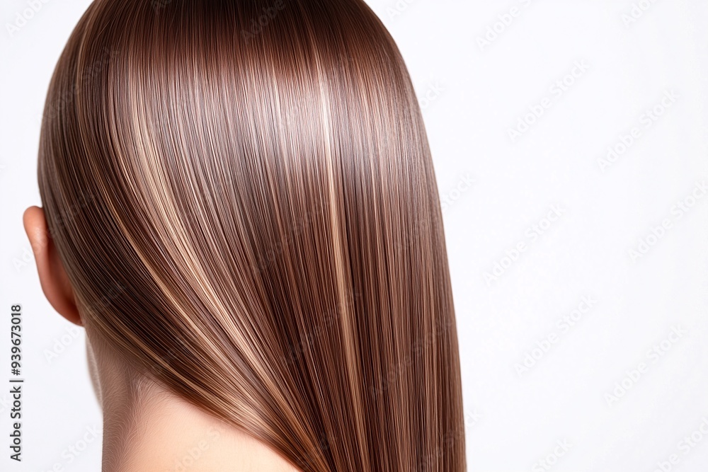 Close-up photo of straight hair, a woman from behind with smooth, shiny, long brown and blonde balayage, beauty industry photo, hairdressing services and care hair products content Close-up photo of straight hair, a woman from behind with smooth, shiny, long brown and blonde balayage, beauty industry photo, hairdressing services and care hair products content
