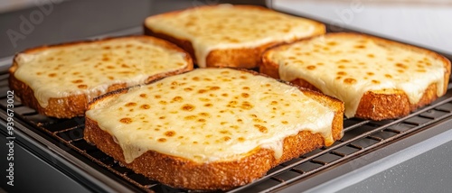 Cheese toast fresh from the toaster oven, golden cheese with crispy edges, photorealistic, hyper-resolution, simple yet satisfying photo