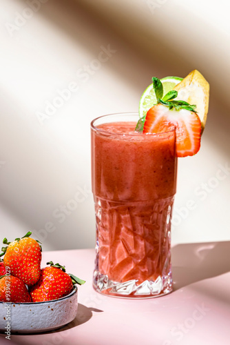 Non-alcoholic mocktail drink with strawberry, banana, syrup, peach juice, lemon and ice in glass. Beige pink background, hard light