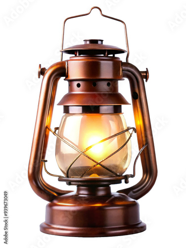 A classic oil lantern with a warm glow emanating from within, symbolizing hope, guidance, adventure, tradition, and a rustic charm. photo