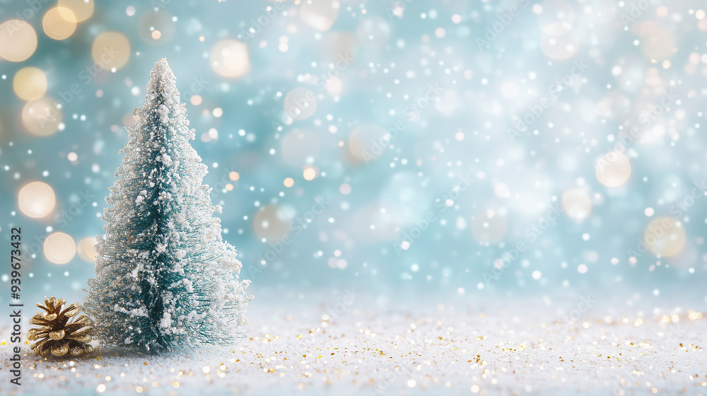 A small Christmas tree stands on a snow-covered surface against a soft, glowing bokeh snowy background. Generative AI. A small Christmas tree stands on a snow-covered surface against a soft, glowing bokeh snowy background. Generative AI.