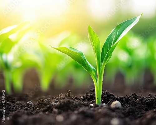 A young green plant sprouting from rich soil, symbolizing growth and new beginnings in a sunlit garden.