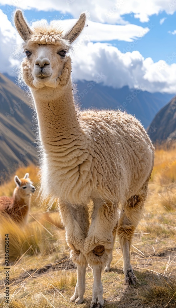 Obraz premium Llamas grazing in the scenic Peruvian Andes during a bright sunny day