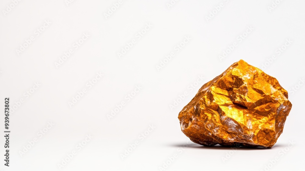 Closeup of a single raw piece of gold ore against a plain white background, highlighting the rich texture and golden color. Closeup of a single raw piece of gold ore against a plain white background, highlighting the rich texture and golden color.