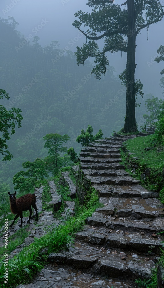 Serene misty trail with stone steps and a grazing animal in lush green forest landscape Serene misty trail with stone steps and a grazing animal in lush green forest landscape
