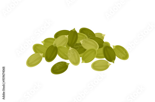 Heap of peeled pumpkin seeds isolated on white. Vector cartoon flat illustration.