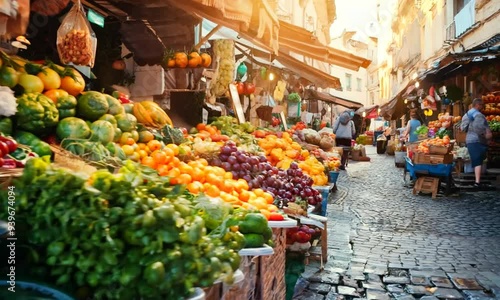 a bunch of fruits and vegetables on display at a market