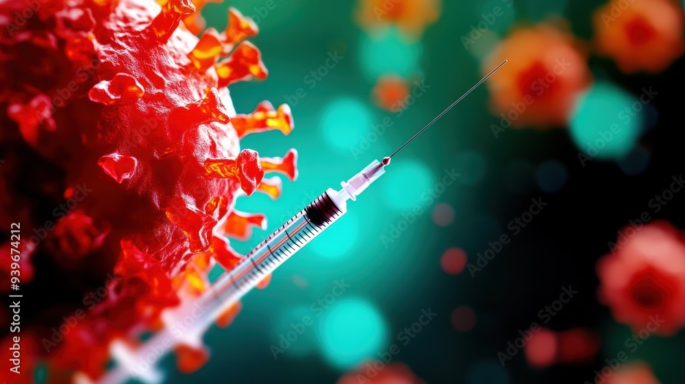 Close-up of a syringe and a virus particle. The image highlights the battle against viruses through vaccination. Close-up of a syringe and a virus particle. The image highlights the battle against viruses through vaccination.