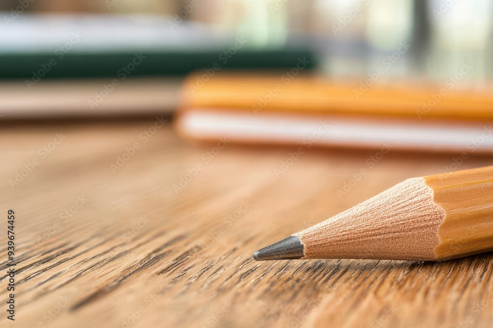 Obraz premium Close-up of a sharpened pencil resting on wooden surface, surrounded by notebooks, perfect for creativity and education themes.