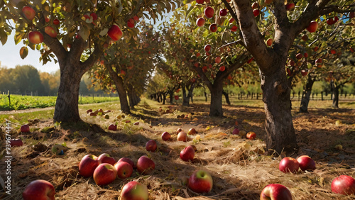 Apple orchard with ripe apples hanging from trees and scattered on the sunlit ground