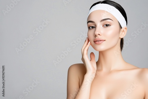 A beautiful woman with a white bandage on her head, beauty and skin care products, cosmetology service, poster, banner, free copy space