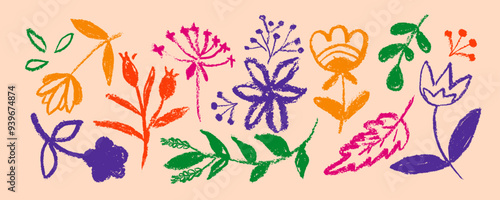 Wallpaper Mural Collection with hand drawn colorful flowers and leaves. Charcoal drawing flowers,  leaves and small branches. Flower silhouettes painted with charcoal, artistic botanical ornament. Torontodigital.ca