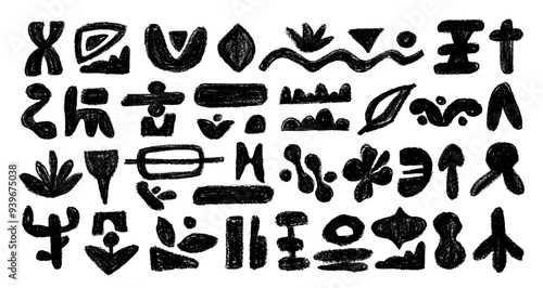 African, aztec pattern elements, symbols, icons, hand-drawn in doodle style. Set of abstract African tribal geometric shapes, ancient ethnic traditional symbols and ornate signs.
