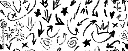 Charcoal pencil shapes and doodles seamless pattern. Hand drawn vector quirky shapes in punk or childish style. Naive playful abstract charcoal scribbles. Doodles and curved lines.
