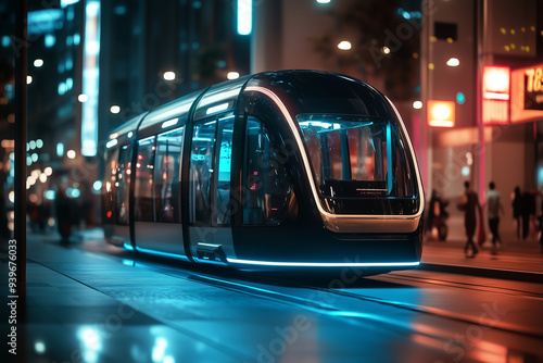 Autonomous Electric Tram Gliding Through a Neon-Lit Modern Cityscape - Urban Night Transit photo