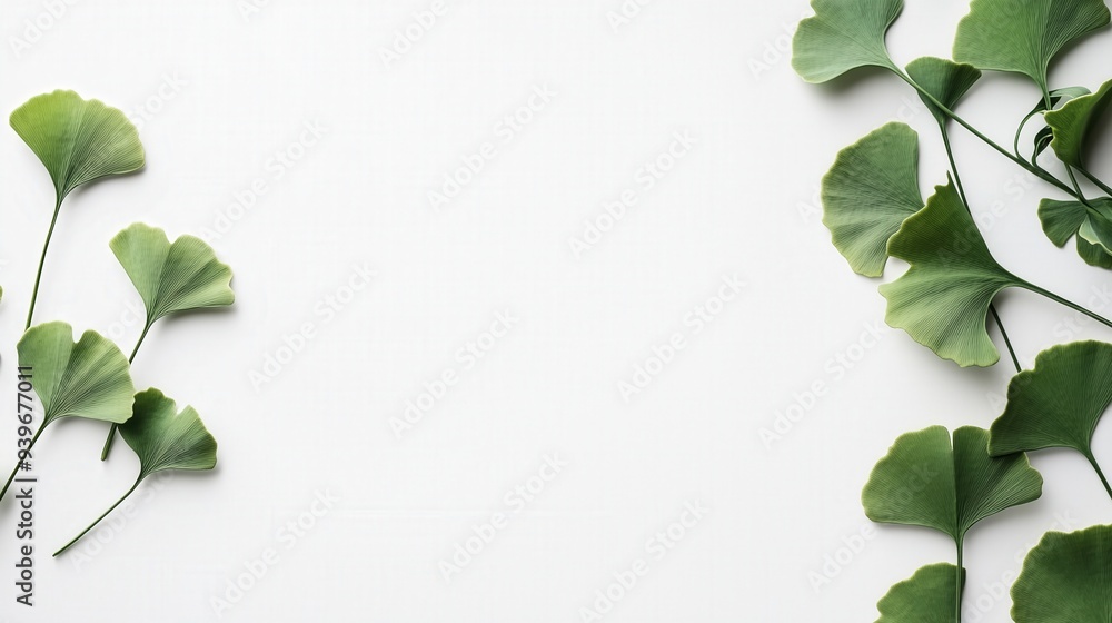 Naklejka premium Green ginkgo leaves arranged on a white background, creating a minimalistic and natural setting with ample space for text placement.
