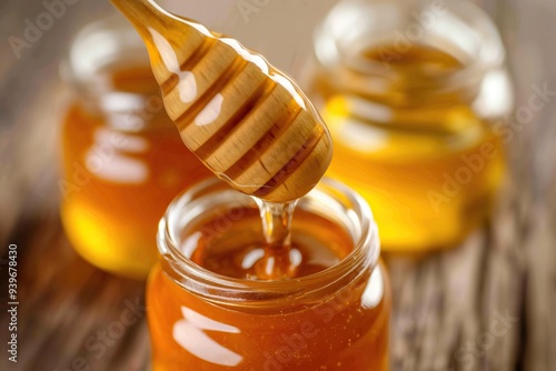 Honey dripping from a wooden honey dipper into a jar on a wooden background