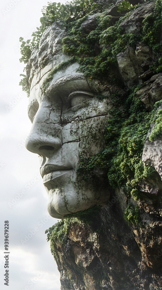 Fototapeta premium Stone Face Emerging from Overgrown Cliff