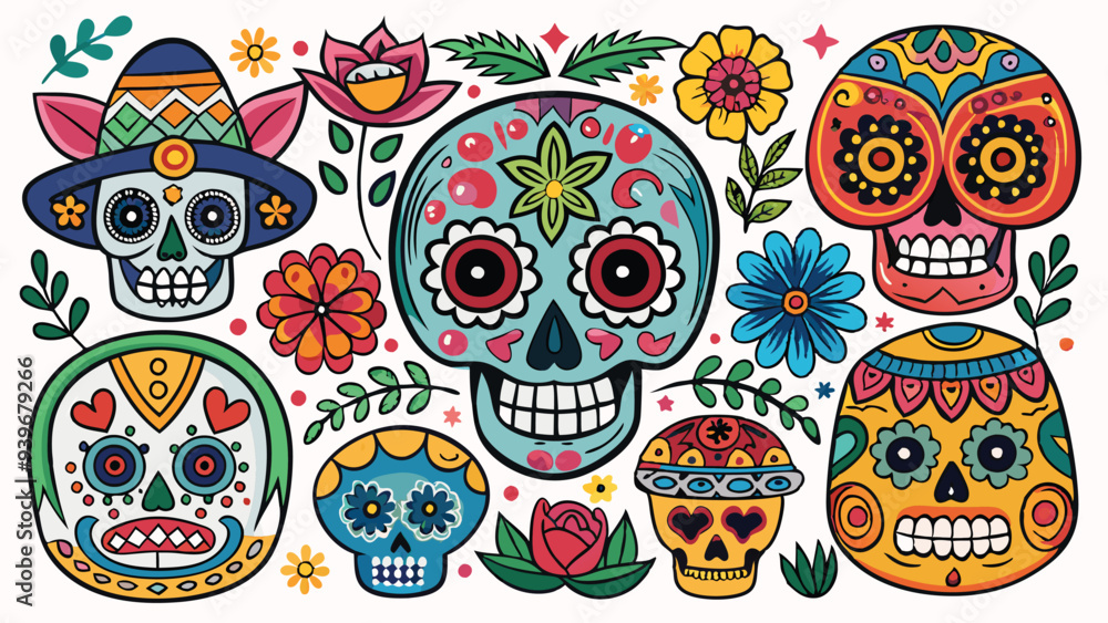 Naklejka premium Hand drawn flat die de Muertos landscape skulls collection, Decorated Mexican skulls. Vector illustration.
