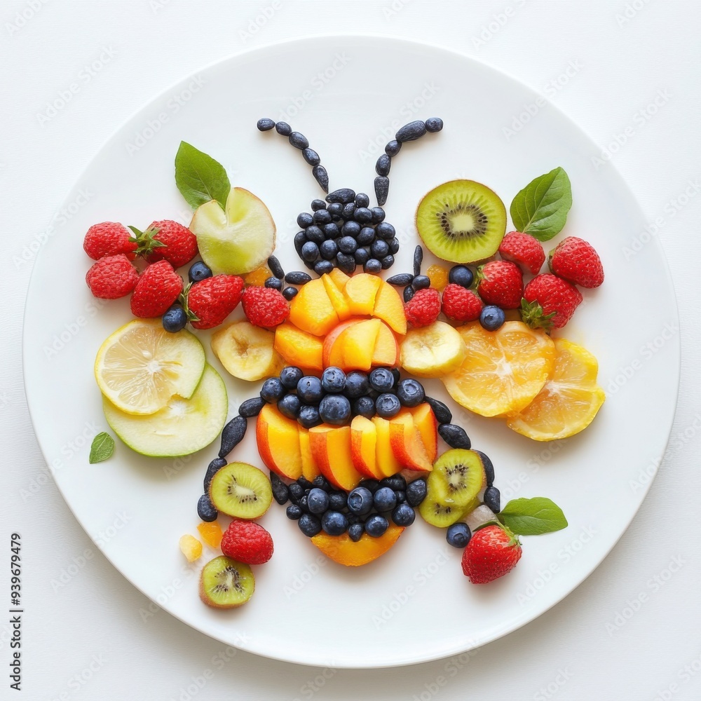 A fruit sculpture of a bee arranged on a pristine white plate A fruit sculpture of a bee arranged on a pristine white plate