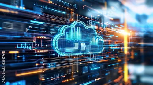 A crosssectional view of a cloud data center with multiple layers of security protocols in place, symbolizing comprehensive digital risk protection in cloud environments