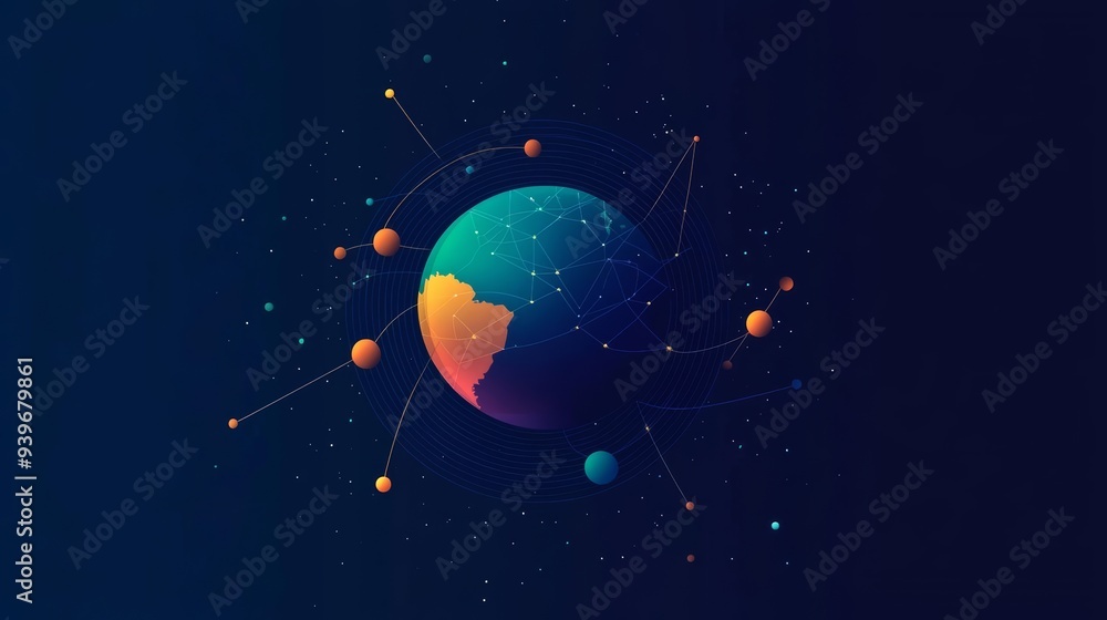 Fototapeta premium Circular world network, abstract synergy symbols, futuristic minimalism, flat design illustration