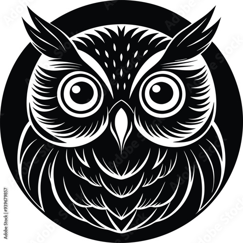 Unique owl face graphic illustration showcasing expressive eyes and intricate feather patterns 