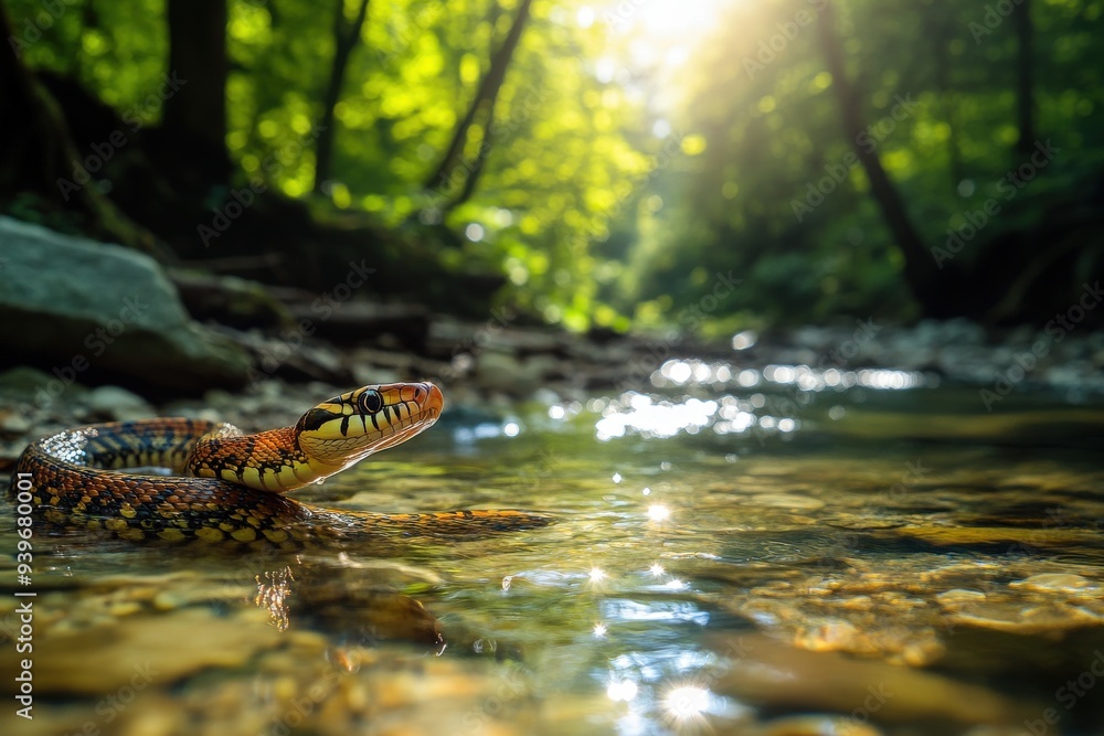 Fototapeta premium A snake is in the water, looking up at the camera, generative ai image
