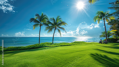 PGA TOUR golf course view with palm trees on the beach in Hawaii green golf course on tropical island with palm trees on california coast under the blue sunny sky 