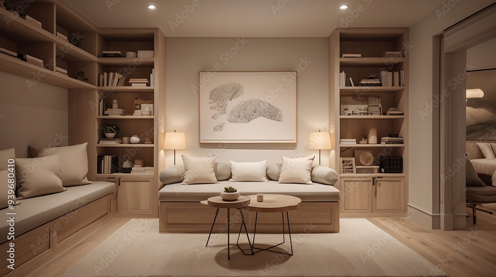 Fototapeta premium A tranquil reading nook featuring cozy seating and soft lighting 