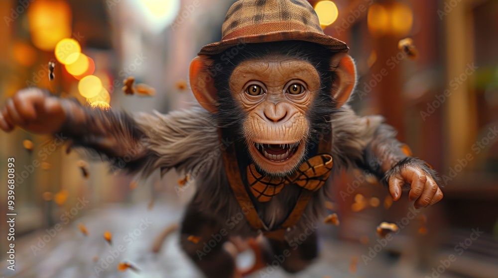 Jumping Cartoon Monkey in Hat and Bow Tie Jumping Cartoon Monkey in Hat and Bow Tie