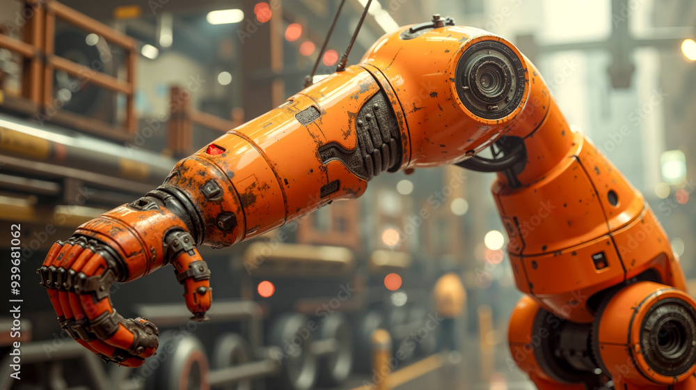 An orange robot arm in a factory setting An orange robot arm in a factory setting