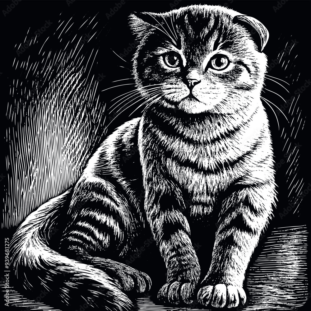Scottish fold cat engraved vector