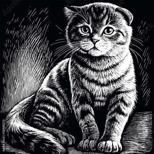 Obraz na płótnie Scottish fold cat engraved vector w salonie