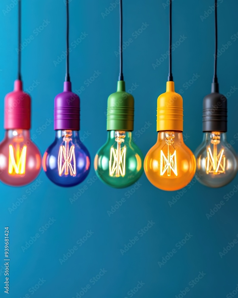 Colorful hanging lightbulbs against a blue background, showcasing vibrant illumination and design. Colorful hanging lightbulbs against a blue background, showcasing vibrant illumination and design.