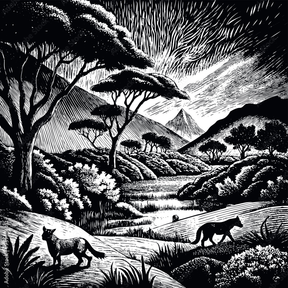 African savanna engraved vector