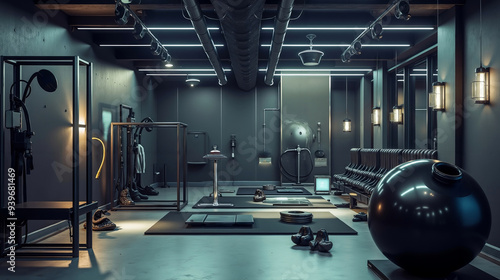 A gym with a large black ball in the middle of the room photo