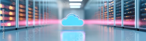 A modern data center featuring cloud storage technology with glowing servers and vibrant lighting effects, symbolizing digital innovation. photo