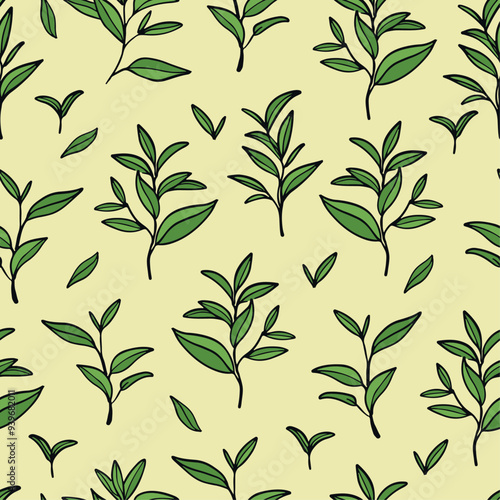 Green tea leaves pattern. Hand drawn branches and leaves on yellow background.