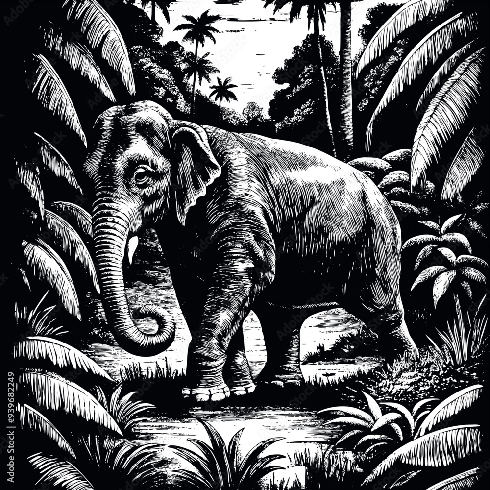Asia elephant engraved vector