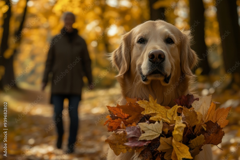 a golden retriever holding a bouquet of autumn leaves and flowers, with its owner walking in the background amidst vibrant fall foliage a golden retriever holding a bouquet of autumn leaves and flowers, with its owner walking in the background amidst vibrant fall foliage