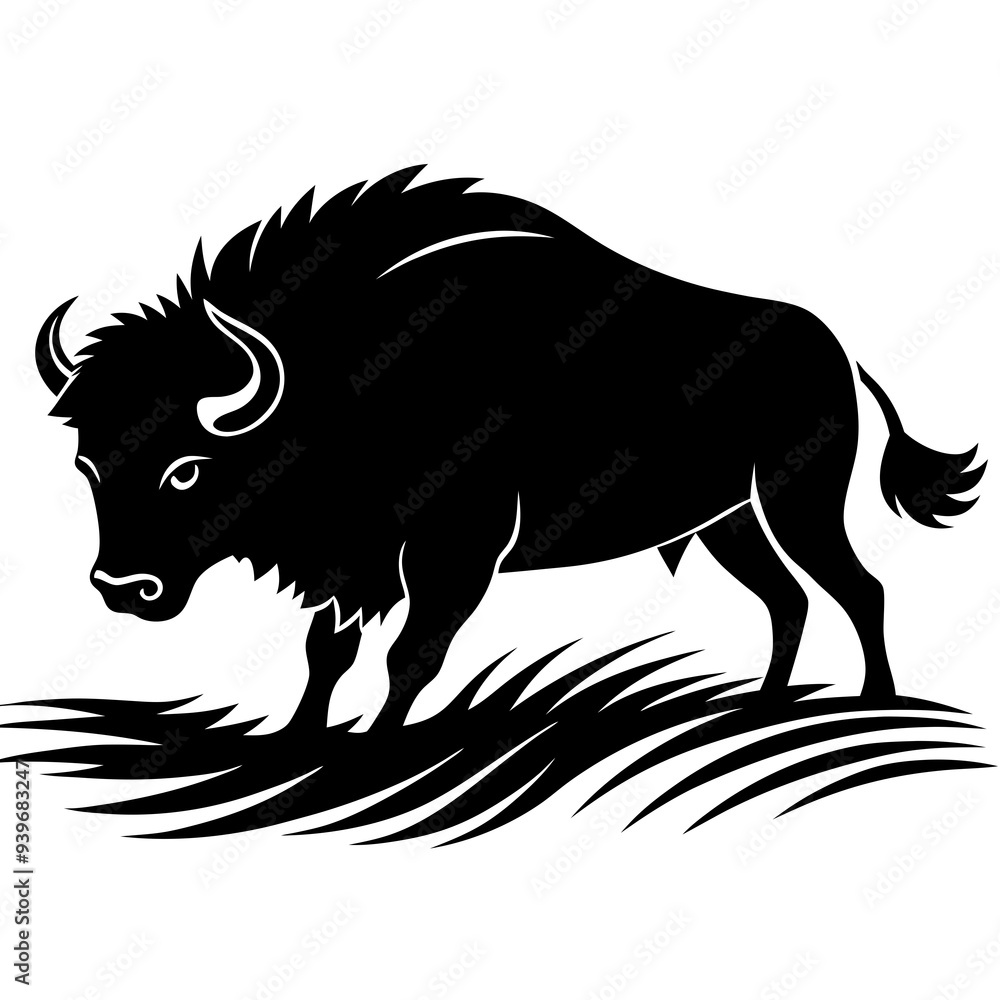 Fototapeta premium A bison charging through a windswept prairie.on white background