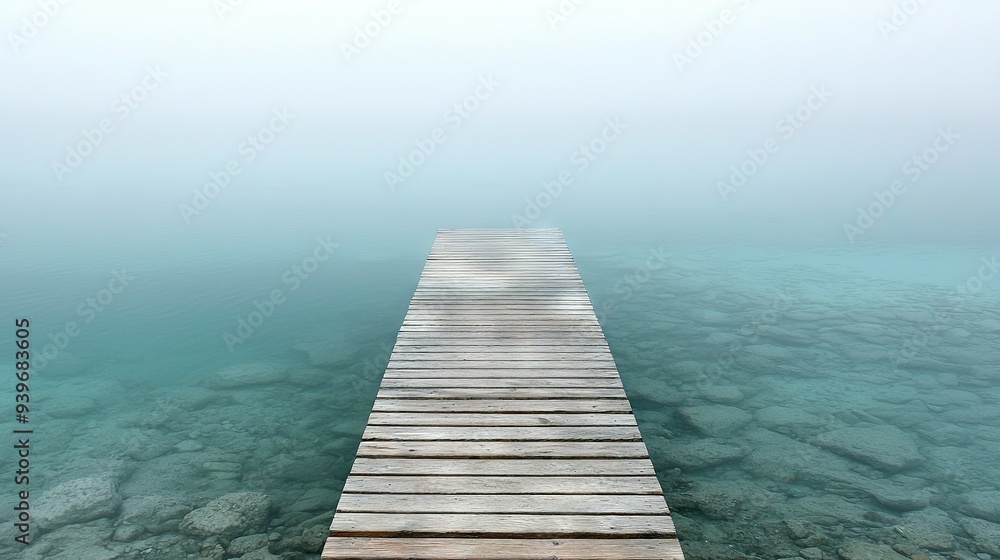 A dock surrounded by water with rocks below and a clear sky above A dock surrounded by water with rocks below and a clear sky above