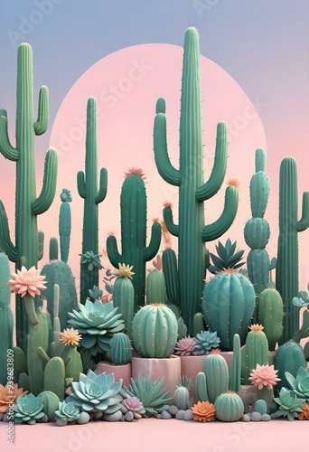 Various types of cactus and plants, some of them  flowering, arranged on a monochrome pastel background